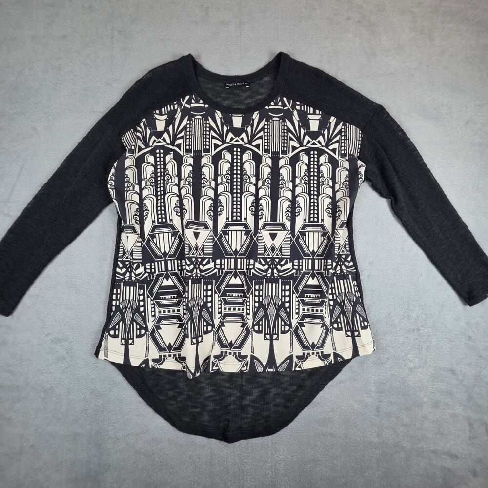 Nally & Millie Top L Black White Geometric Sheer Knit Casual Boho